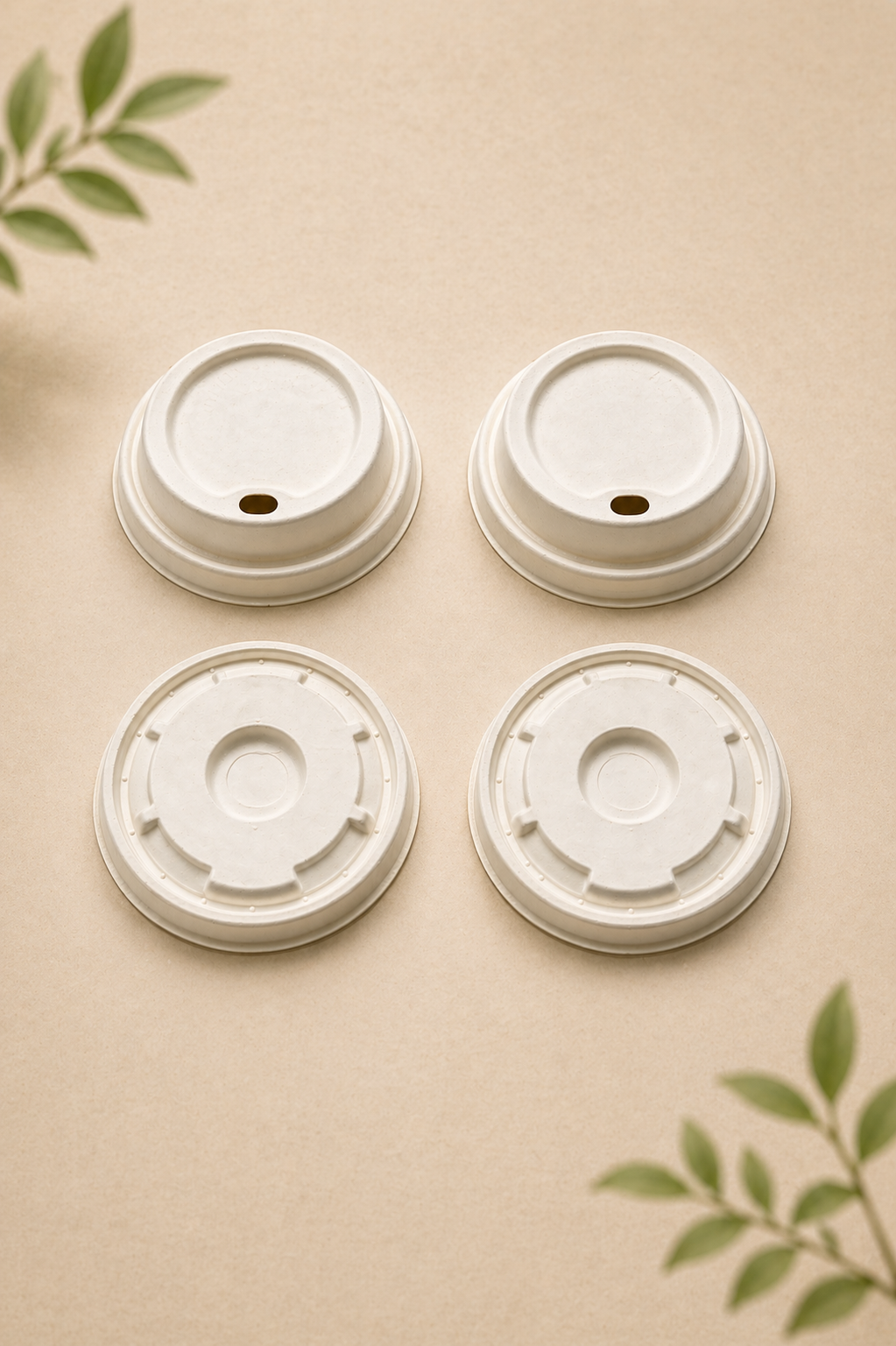 Molded wood pulp sip-up and flat lids in 80 mm and 90 mm sizes